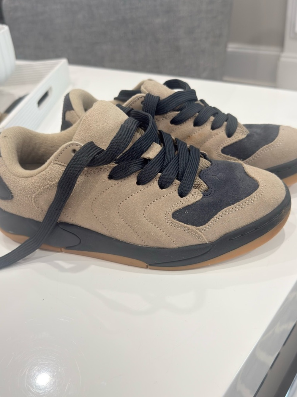 Taupe Suede Casual Sneakers with Black Accents